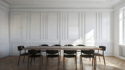 Spacious conference room with white wainscoting, wooden flooring, long black table, comfortable chairs, bright natural light, minimalistic workspace.