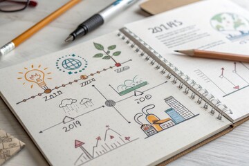 A creative notebook features sketches of environmental themes, sustainability, and progress over the years, blending artistry with informative graphics.