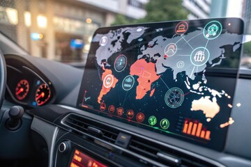 A digital car dashboard displays a world map with data analytics, showcasing various regions and icons related to navigation and technology.