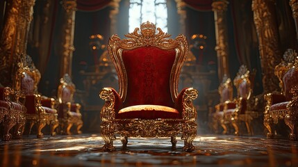 A majestic King Throne in an opulent hall, surrounded by intricate carvings and luxurious fabrics.