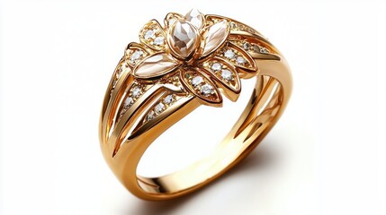 Exquisite golden ring adorned with shining diamonds flower design on white radiating luxury and beauty
