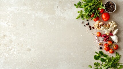 Culinary Symphony: A visually appealing arrangement of fresh vegetables, herbs, and spices is artfully arranged on a light-colored countertop, creating an inviting and vibrant composition.