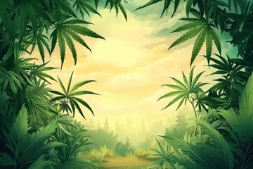Naklejka premium Lush cannabis plants frame a sun-drenched forest scene. Ideal for cannabis-related projects, websites, or packaging designs.