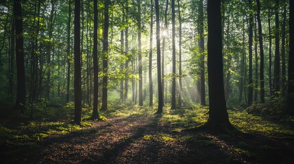 Obraz premium Sunlit Forest Path: The sun's rays pierce through the dense canopy, illuminating a forest path and creating a serene atmosphere that invites exploration and introspection.