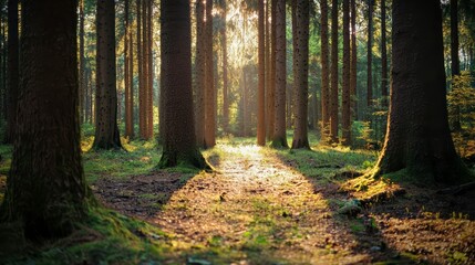 Obraz premium Forest Path: Sunlight streams through a dense forest canopy, illuminating a winding path that beckons the viewer towards an ethereal journey.