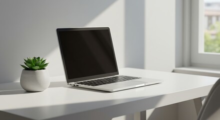 Modern workspace with laptop and succulent offering minimalist aesthetic design