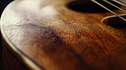 Obraz premium Ukulele's Resonant Beauty: Capturing the intricate details of a wooden ukulele, this photo celebrates the instrument's craftsmanship, texture, and warm tones.