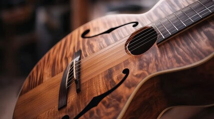 Artistic Wood Guitar: An intimate, artistic shot highlighting the exquisite grain and curves of a handcrafted wood guitar, resonating with music and artistry.