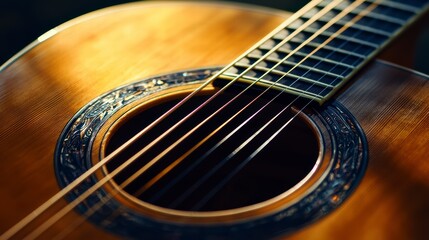 Obraz premium Acoustic Guitar: A detailed view of an acoustic guitar, showcasing its intricate design, strings, and the warm tones of the instrument, illuminated by soft, inviting light.
