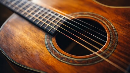 Obraz premium Resonance of a Guitar: A detailed look at the intricate craftsmanship of an acoustic guitar, emphasizing its strings, soundhole, and wooden body. A symphony of texture and musical potential.