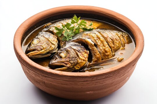 Delicious fish curry served in an earthern pot Indian cuisine style savory dish traditional cooking style