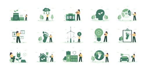 CO2 Neutral. Mega set. Characters calculate emissions from factories and using green electricity. Net zero. Electricity consumption concept. Set of Vector illustration in flat cartoon style.