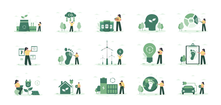 CO2 Neutral. Mega set. Characters calculate emissions from factories and using green electricity. Net zero. Electricity consumption concept. Set of Vector illustration in flat cartoon style.
