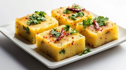 Delicious and Vibrant Dhokla Squares Garnished with Fresh Cilantro and Chili Peppers on White Plate Tasty Snack