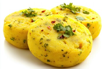Three savory steamed dhokla cakes garnished with cilantro, capturing bright presentation and close up shot for Indian cuisine appeal