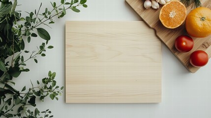 Culinary Canvas: An inviting top-down shot of a wooden cutting board positioned alongside fresh ingredients and lush greenery, offering a minimalist design