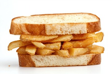Delicious chip butty sandwich with golden fries on white bread an iconic British comfort food