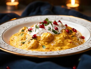 Delicious Chicken Curry Plate Garnished with Pomegranate Seeds and Fresh Herbs on a Decorative Background