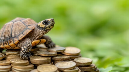 Naklejka premium A turtle sitting on a pile of money, symbolizing stable long-term investment or compound investing that requires time for growth. Investing in fundamentally strong stocks