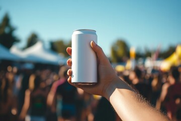 close-up photo of hand holding white aluminum can mockup at the music festival 
