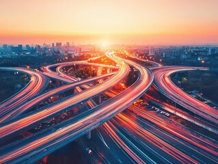 Obraz premium Aerial view of illuminated city highway interchange at sunset with blurred motion light trails