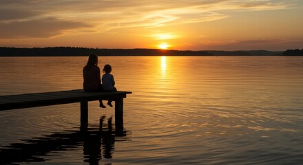 Fototapeta premium Silhouette of a mother and her child enjoying the sunset on the edge of a lake