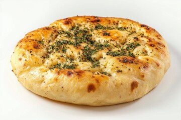 Golden flatbread with garlic and herbs a delightful culinary creation on a white canvas close up shot