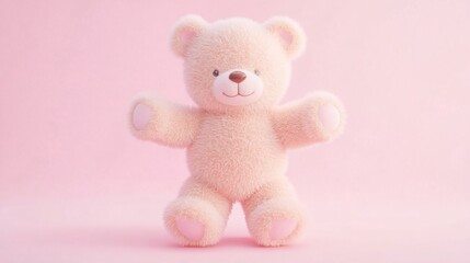 Soft pastel toy bear, fluffy pink teddy bear with a cute expression, perfect for nursery decor or cuddly gifts, ample copy-space.
