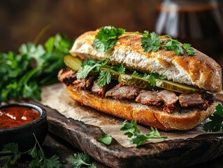 Delicious roasted beef sandwich with pickle slices and fresh herbs on a rustic wooden board