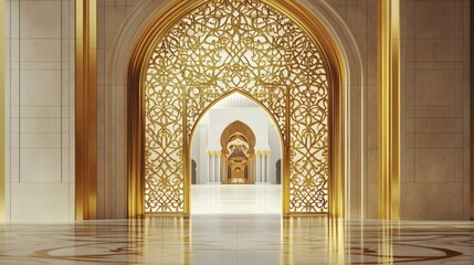 An ornate golden archway provides a gateway to a grand interior space