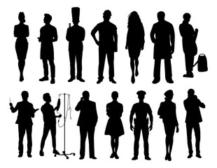  Black silhouettes of people in various professions, including chef, doctor, police officer, nurse, flight attendant. Vector outline illustrations isolated on transparent background