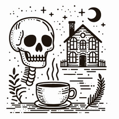 Skeleton with a cup of hot coffee a haunted house behind flat design minimalist vector illustration depicts spooky autumn vibes