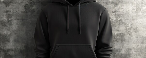 Matte black hoodie template with sharp detail and visible stitching set against a concrete surface