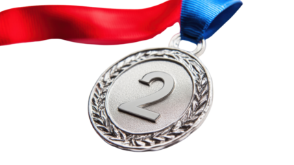 silver medal with red ribbon isolated on white background