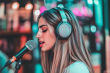 Woman Singing Into Microphone With Headphones at Night Concert