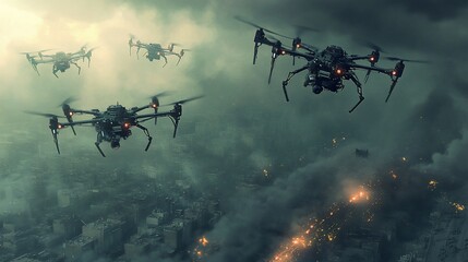 Naklejka premium Dystopian Future: A Squadron of Drones Patrols a War-Torn Cityscape