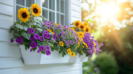 Obraz premium A white window box filled with purple, yellow, and orange flowers on the side of an off-white house
