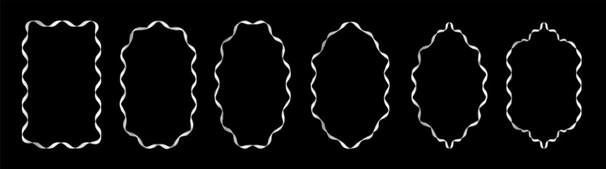 Set of exquisite silver frames with wavy lines and patterns. Fashionable vintage ornate frames for wedding invitations, greeting cards, prints.