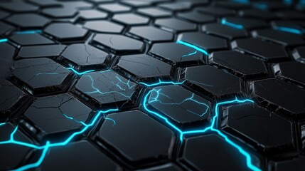Obraz premium Black hexagonal grid with neon blue energy cracks, cyberpunk digital art, ultra-realistic.