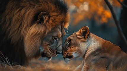 Naklejka premium Lion couple, close-up, African savanna, intimate moment, wildlife, possible use for nature lovers or conservation organizations
