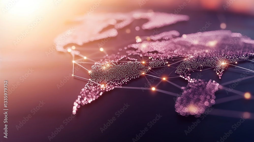 Poster global network abstract representation of a world map with network connections forming a complex web