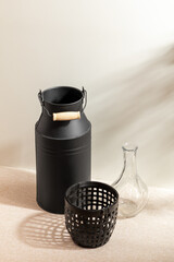Group of Container isolated on studio background. Minimalist. Product design. Simplicity. Object. Modern. Home decoration. Houseplant. Plant pot. Space for text.Light and Shadow. Simple black vase.