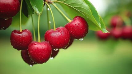 Bright crimson red cherries hanging on a branch, glistening with raindrops, deep green leaves creating a rich contrast.