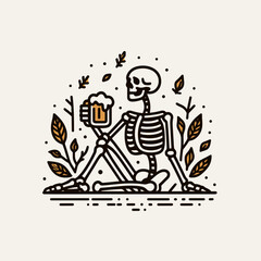 Skeleton sitting with a beer mug surrounded by autumn leaves flat design illustration vector graphic shows a spooky autumnal scene