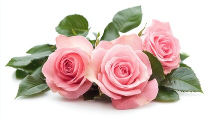 Fototapeta premium Pink roses with green leaves in watercolor style, symbolizing natural beauty and delicate elegance. 