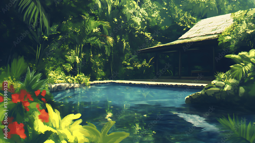 Poster A serene pool surrounded by lush greenery and colorful flowers, creating a tranquil and inviting atmosphere for relaxation