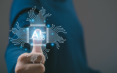 A person holds a glowing microchip symbolizing artificial intelligence, showcasing innovation and...
