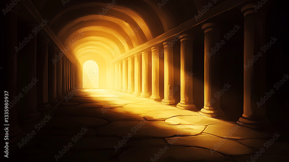 Poster a dimly lit corridor with towering columns leads to a bright light at the end, creating a mystical a