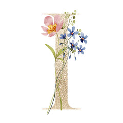 Letter I, gold floral monogram with watercolor wildflowers. Golden letterhead, initial perfectly for logo, wedding invitation, greeting card, poster. Holiday digital design hand drawing.