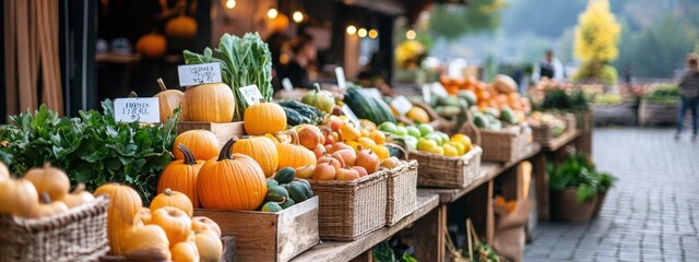 Fototapeta premium Vibrant autumn market filled with pumpkins, apples, and delicious treats Generative AI